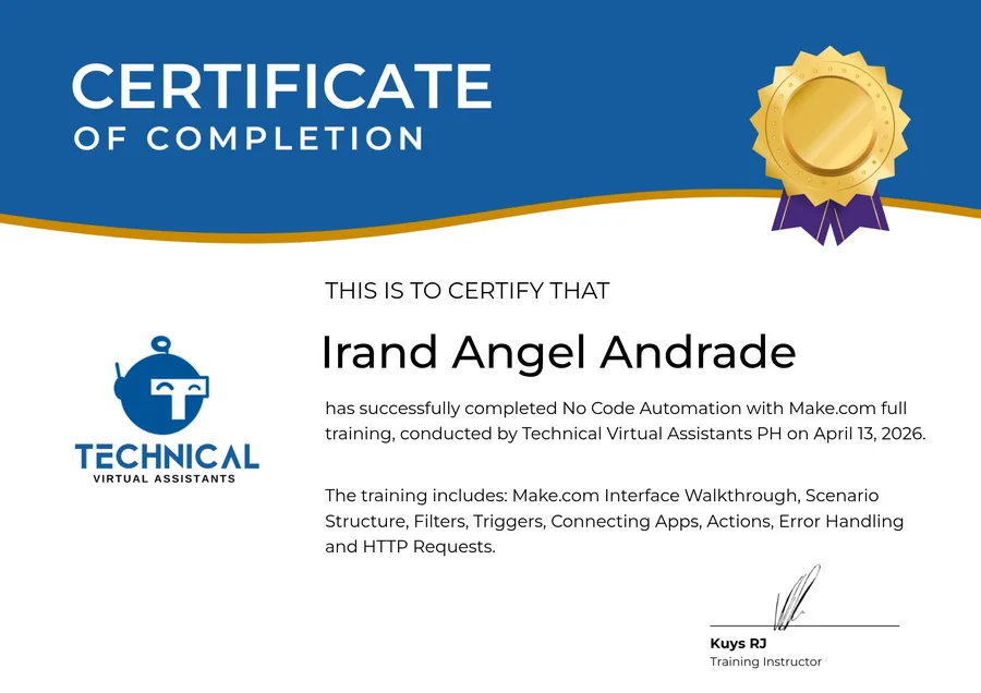 No-Code Automation with Make.com certificate preview
